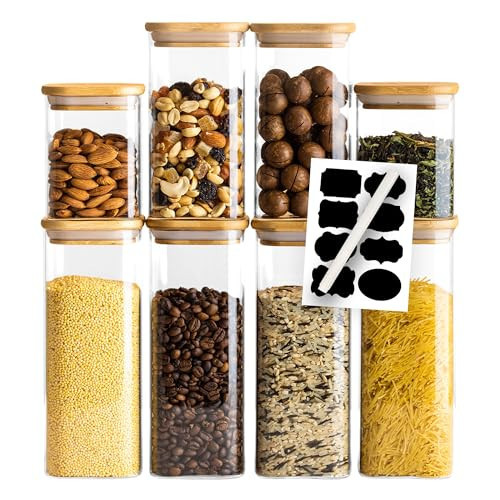 Set of 8 glass food storage containers with bamboo lids, Borosilicate glass storage jars with lids for pantry, Candy jar, Cookie jar, Pasta jars, Rice glass container, Beans, Cereals, Nuts, Flour | Amazon (US)
