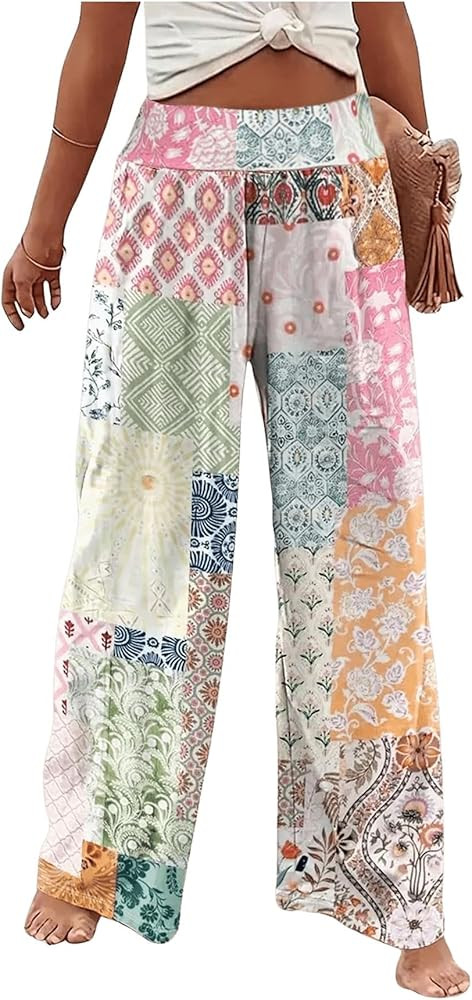 Women's Patchwork Graphic Pant Colorblock High Waisted Straight Leg Boho Pants | Amazon (US)