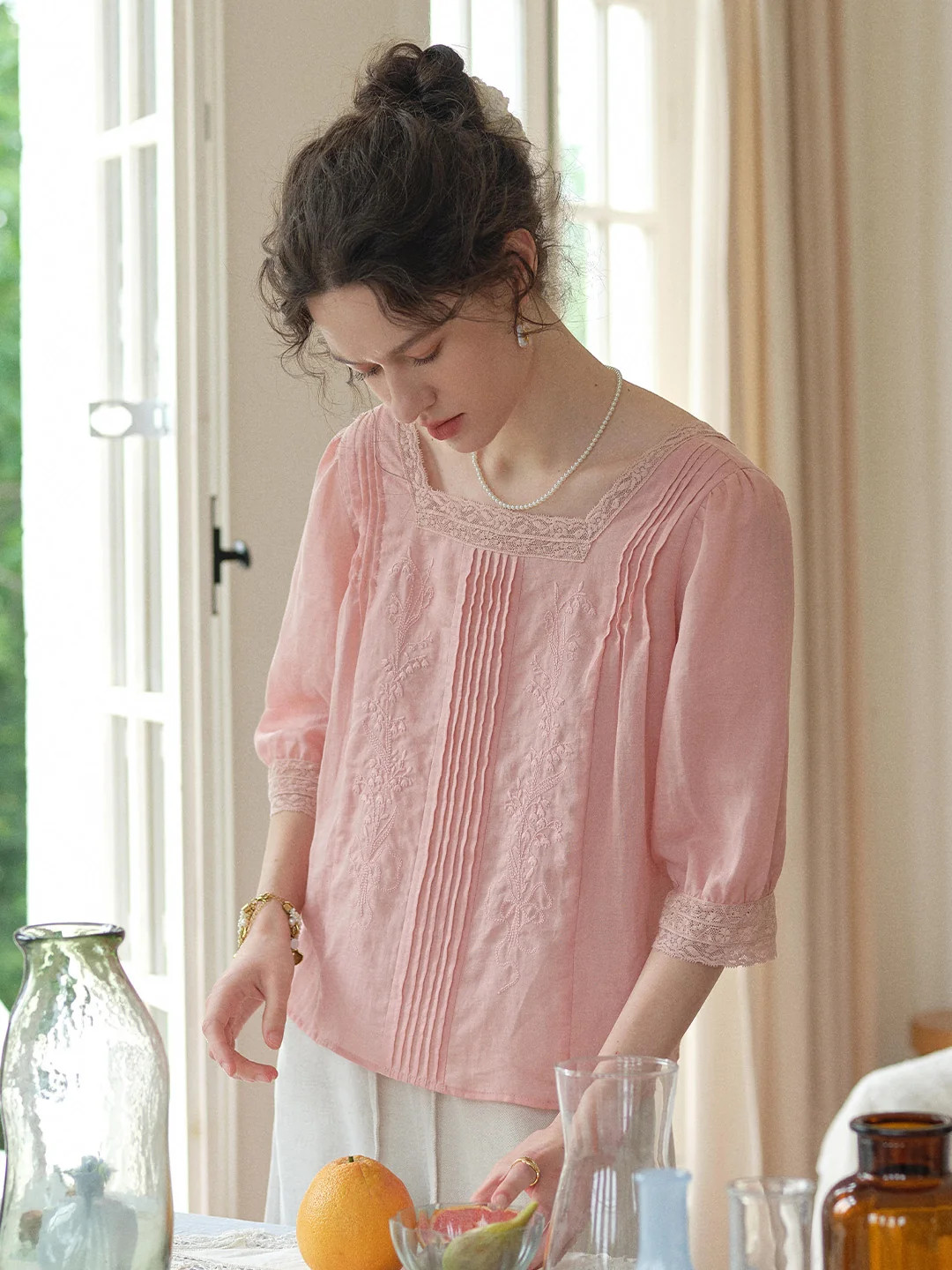 Raina Square Neck Embroidery Blouse | Simple Retro