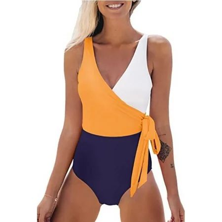 Crewoow Women s One Piece Swimsuit Wrap Color Block Tie Side Bathing Suit | Walmart (US)
