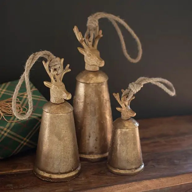 Antiqued Deer Finial Christmas Bells Set of 3 | Antique Farm House