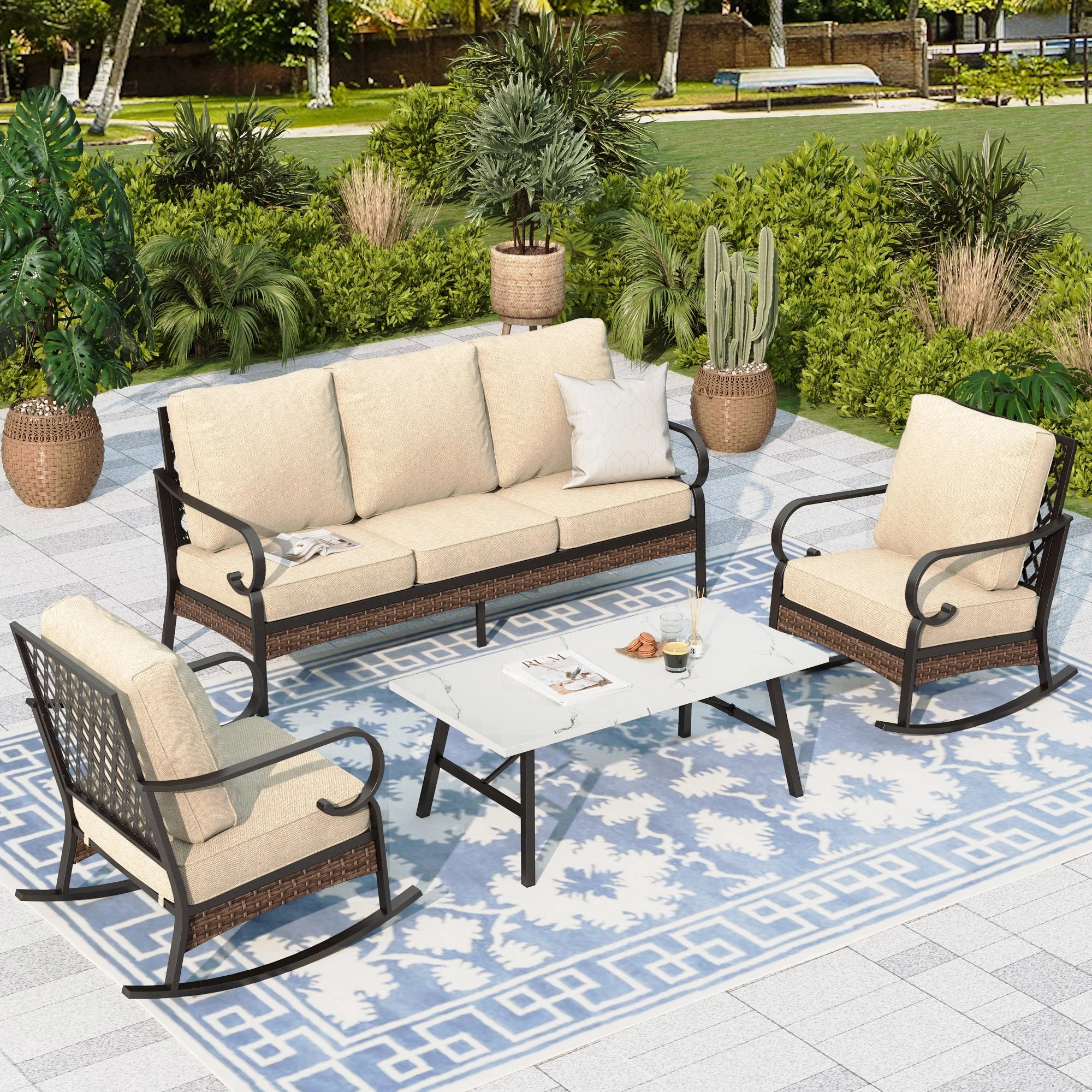 Sophia & William 5 Seat Patio Conversation Set,Outdoor Furniture Sofa Set with Rocking Chairs, Be... | Walmart (US)