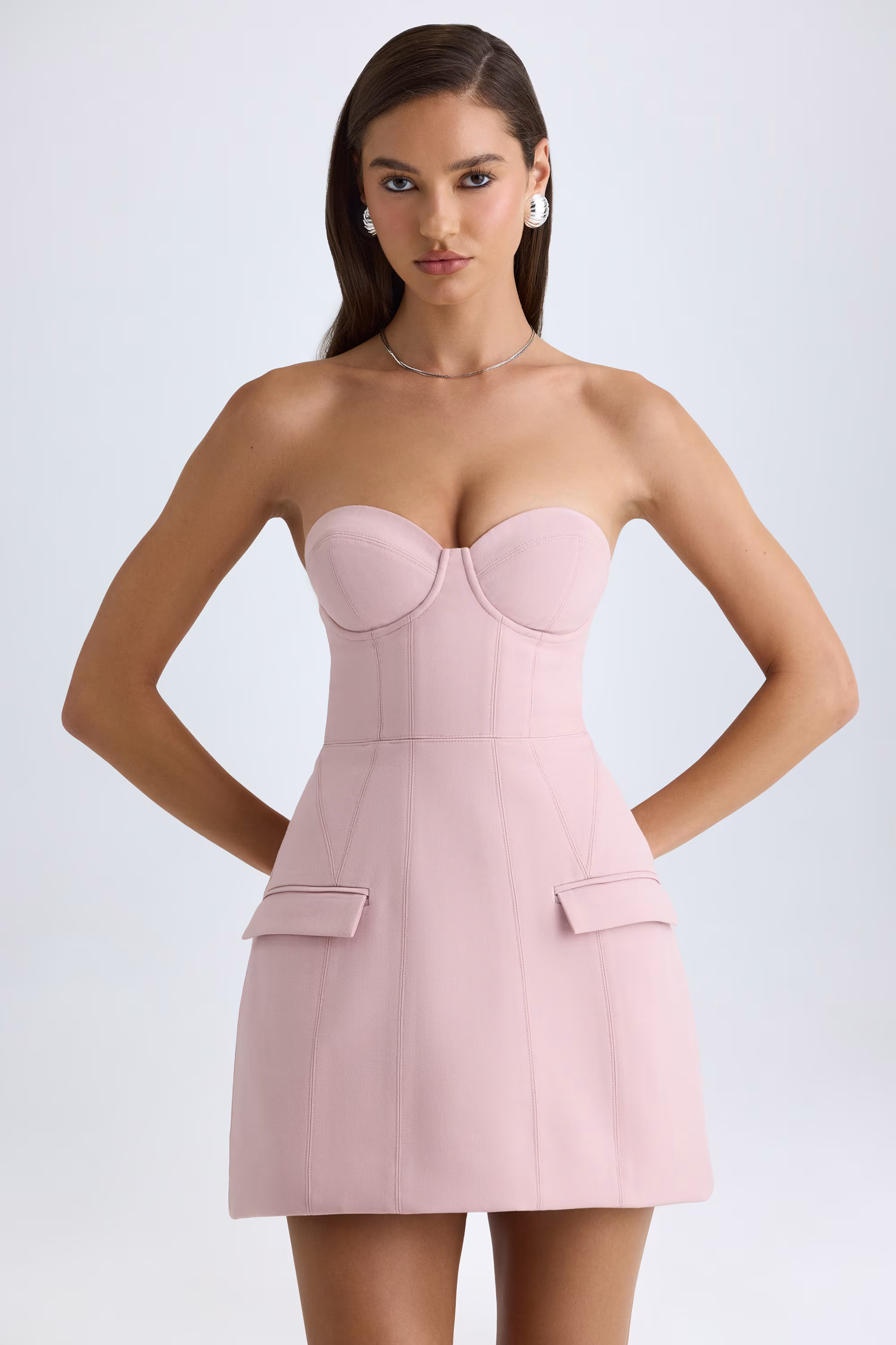 Strapless Structured Tulip Mini Dress in Pink Mauve | Oh Polly