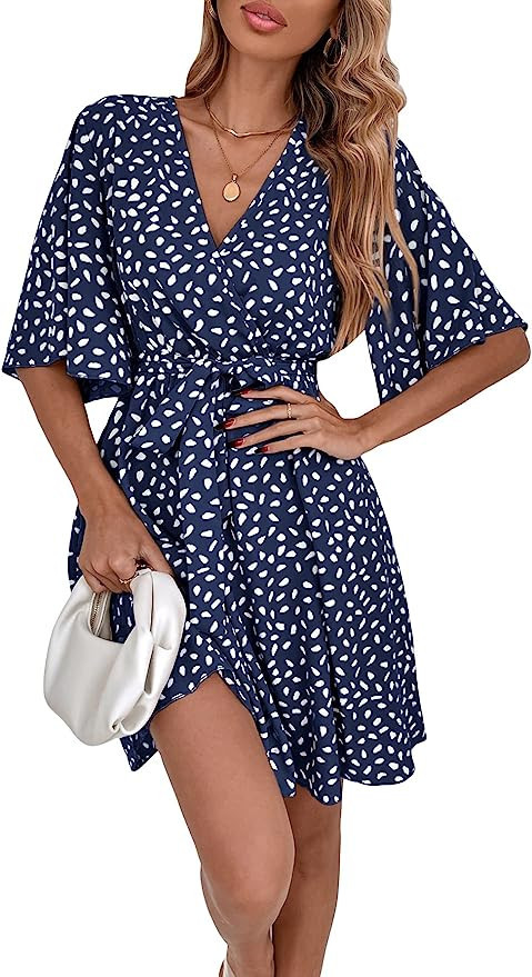 OYOANGLE Women's All Over Print Short Flounce Sleeve V Neck Flared A Line Belted Dress | Amazon (US)