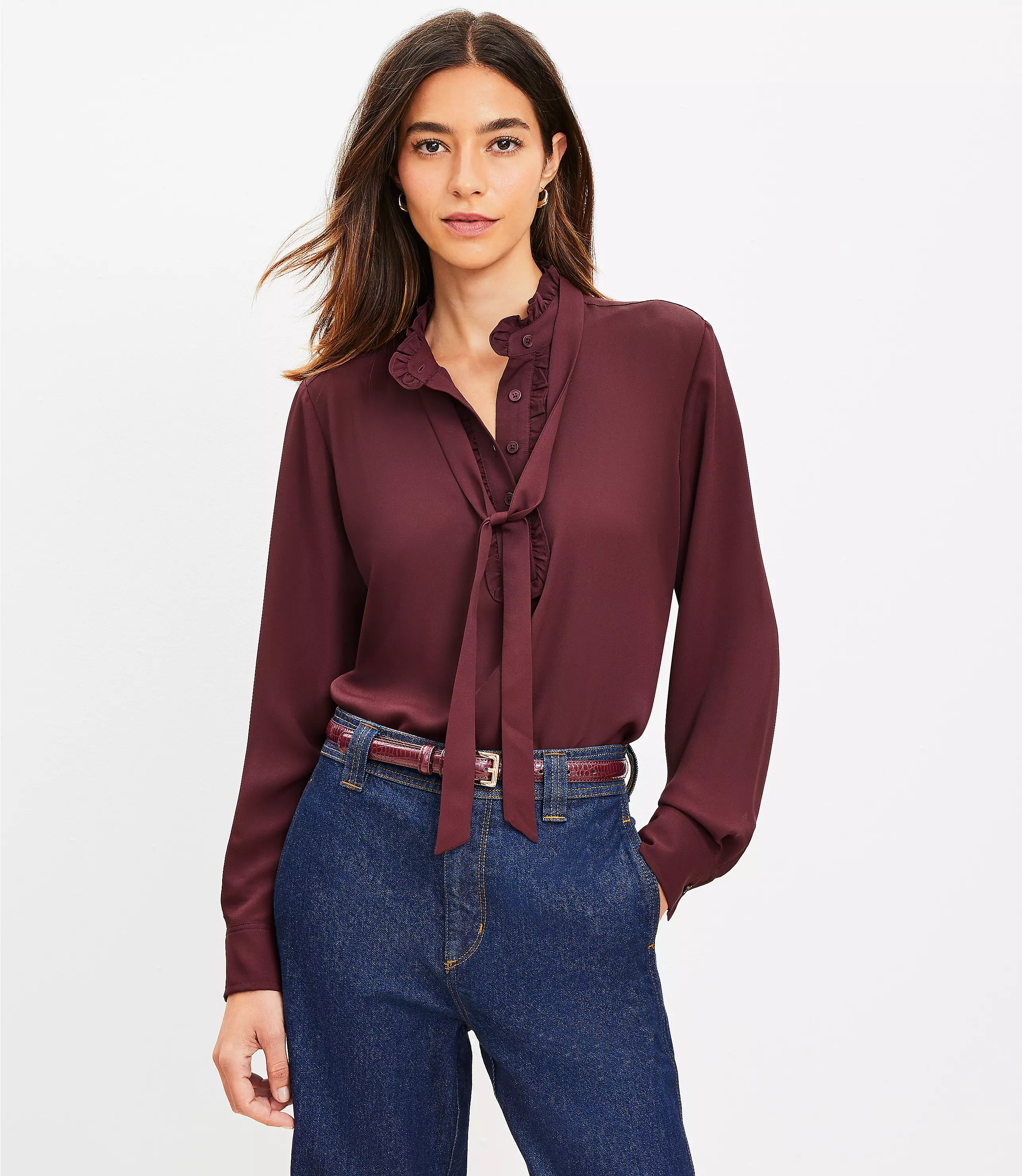 Ruffle Tie Neck Blouse | LOFT