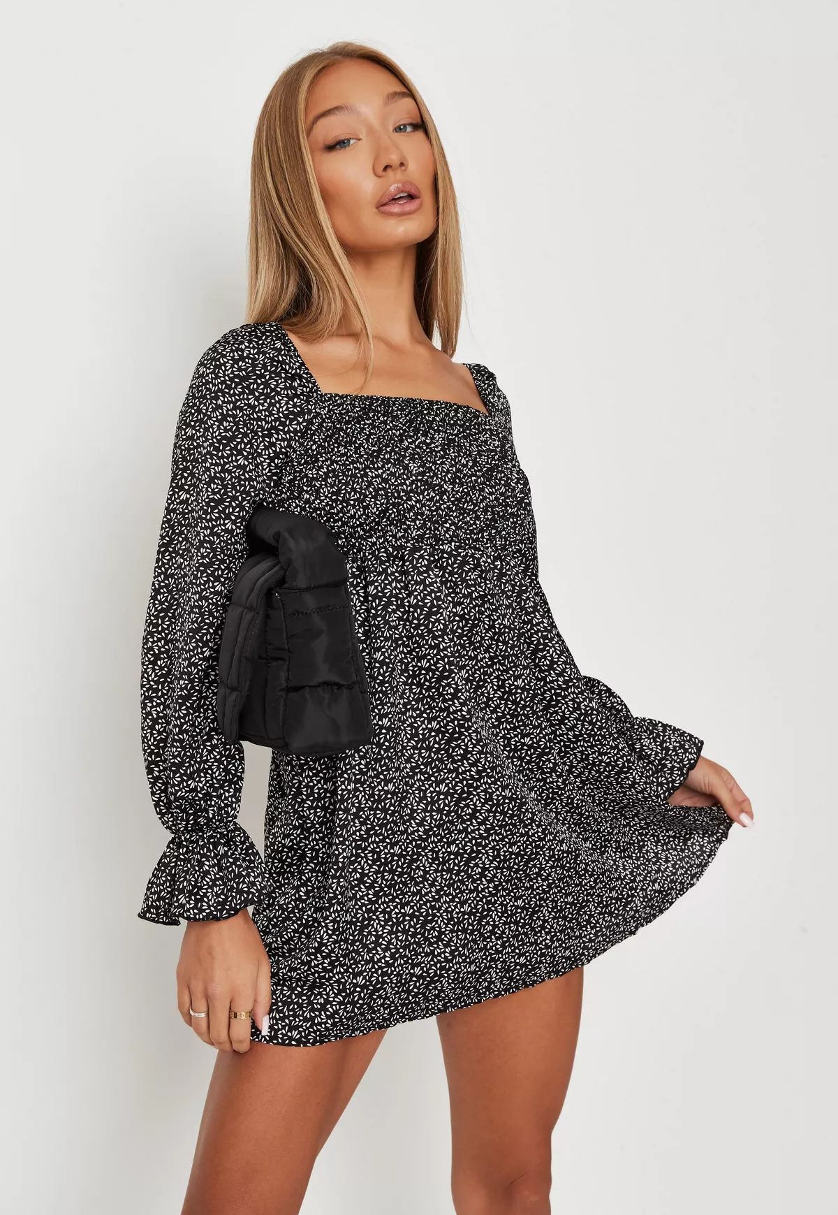 Petite Black Floral Print Shirred Mini Dress | Missguided (US & CA)