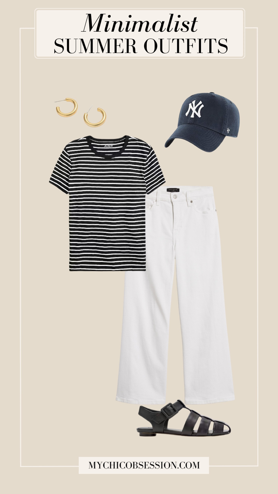 Style cropped white jeans for summer with a striped black and white tee, baseball cap, gold hoops, and fisherman sandals.

#LTKstyletip #LTKshoecrush #LTKSeasonal