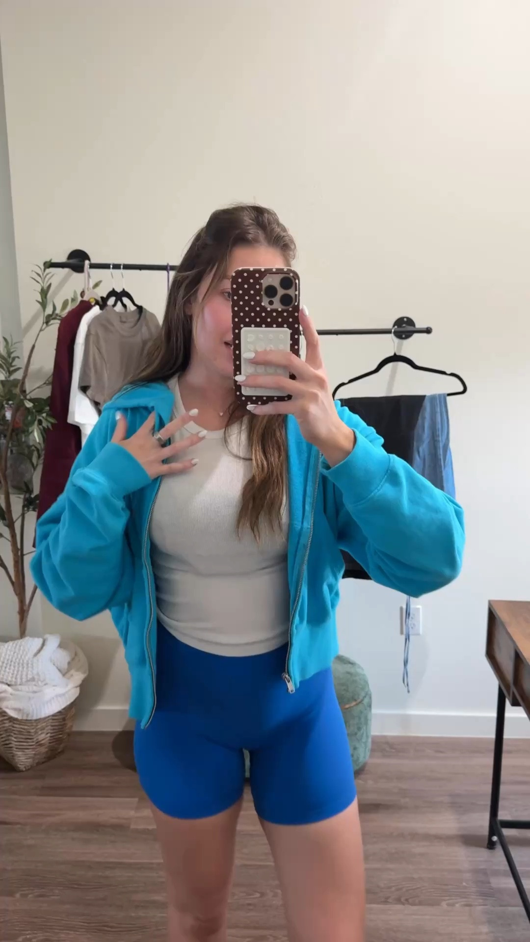 Comfy casual SAHM outfit - wearing a medium tall in jacket, small tall in top & medium in bike shorts 