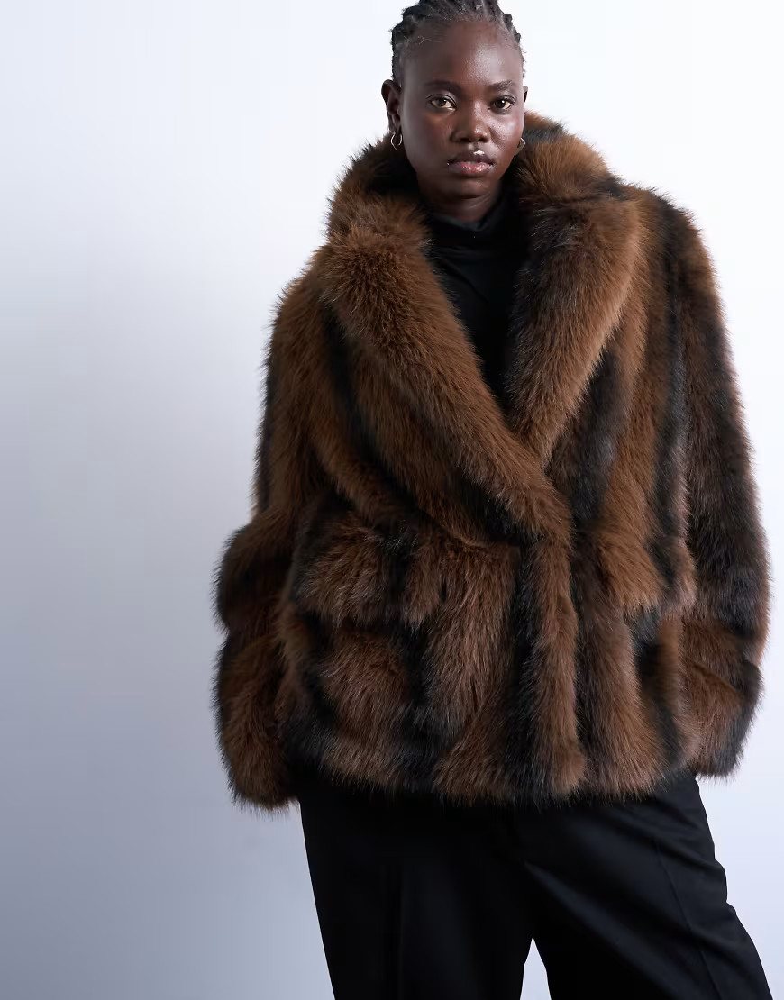 Topshop faux fur boxy blazer coat in brown stripe | ASOS (Global)