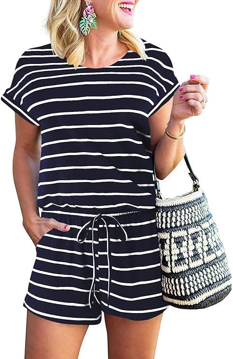 ANRABESS Women's Summer Short Sleeve Striped Jumpsuit Rompers with Pockets Short Pant Rompers Pla... | Amazon (US)