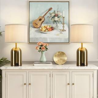 18 in. Modern Touch Control Table Lamps (Set of 2), w/ 2-USB Ports, 3-Way Dimmable Gold Nightstand Lamp w/ Fabric Shade | The Home Depot