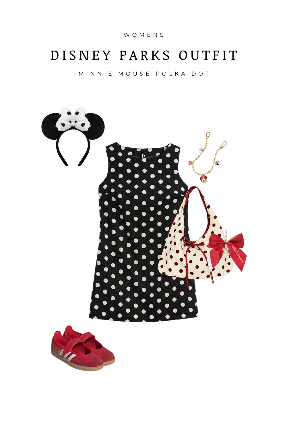The perfect Minnie Mouse inspired Disney parks outfit! This black and white polka dot dress paired with red accessories, Minnie ears, and cute sneakers is the ultimate Disneybound look for a stylish and comfortable day at Disneyland or Disney World. Perfect for women looking for a chic, casual Disney outfit idea with a classic Minnie aesthetic.