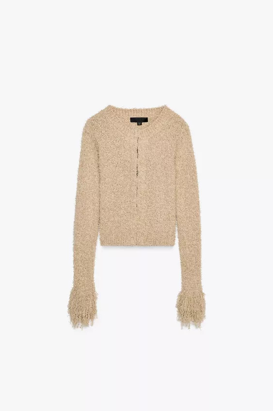 Round neck, long sleeve cardigan with fringing. Concealed hook fastening. | Zara UK