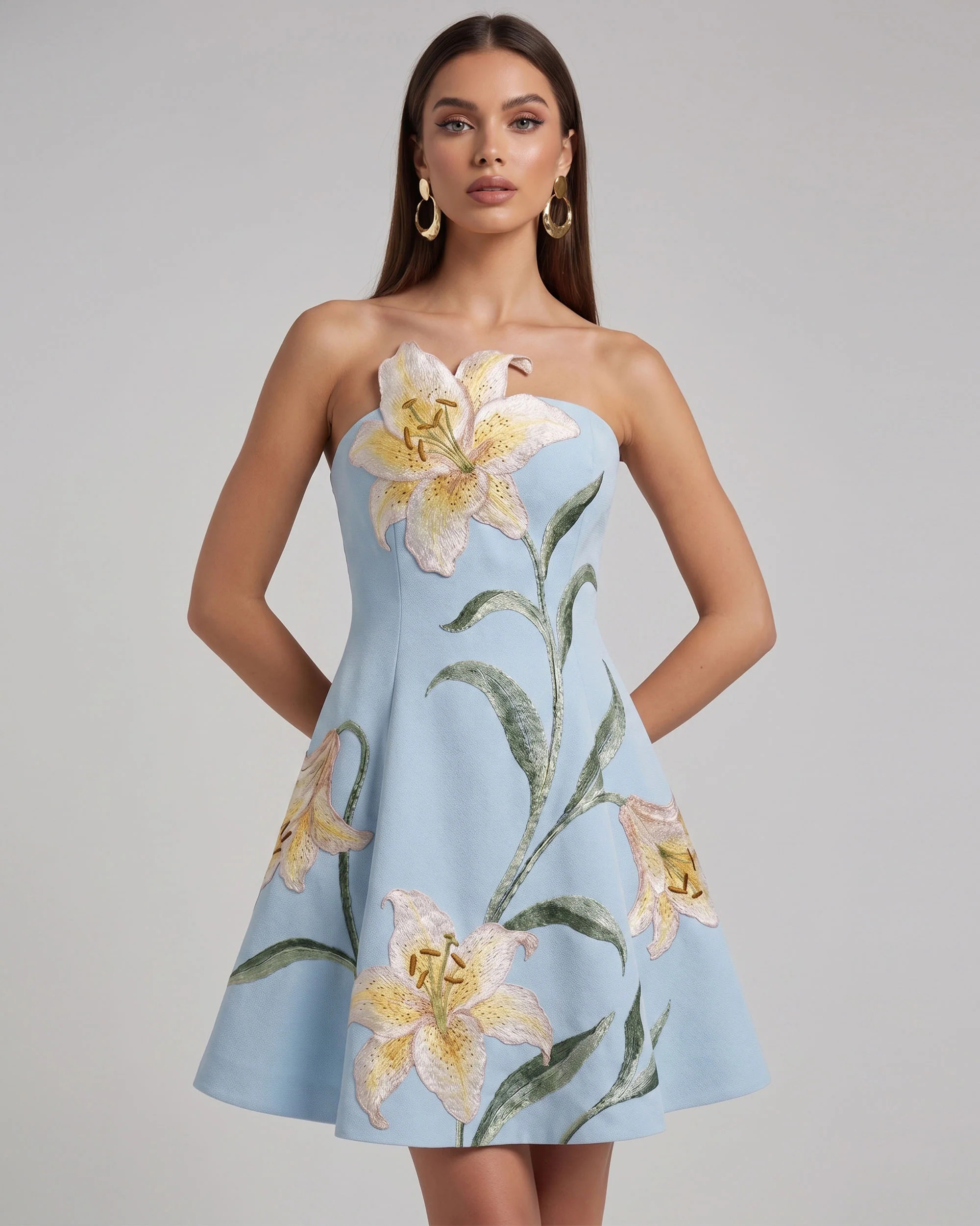 Lily Floral Print Strapless A-Line Mini Dress - Light Blue | JW PEI US