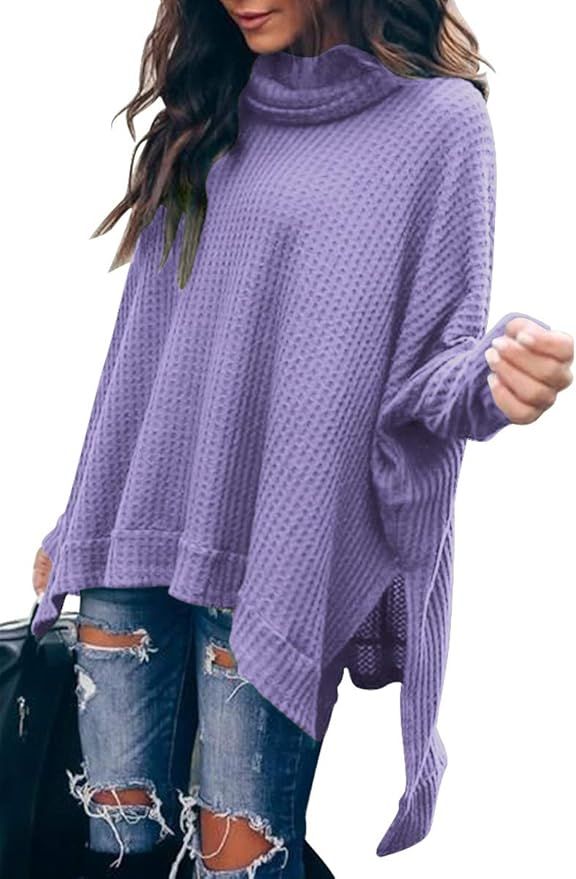 Caracilia Women Turtle Cowl Neck Long Batwing Sleeve Waffle Knit Pullover Sweaters Oversized Loos... | Amazon (US)