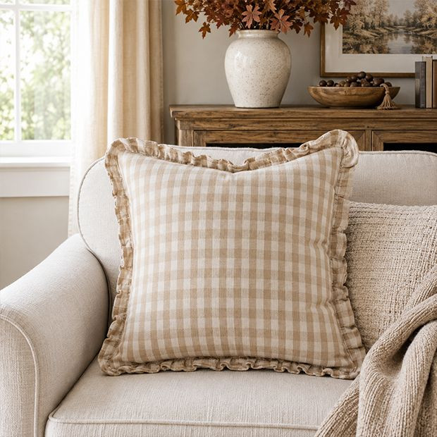 Country Cottage Tan Gingham Accent Pillow Set of 2 | Antique Farm House