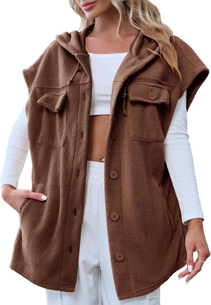 Danedvi Womens Polar Fleece Vest Hooded Button Down Outwear Cap Sleeve Coat with Pockets | Amazon (US)
