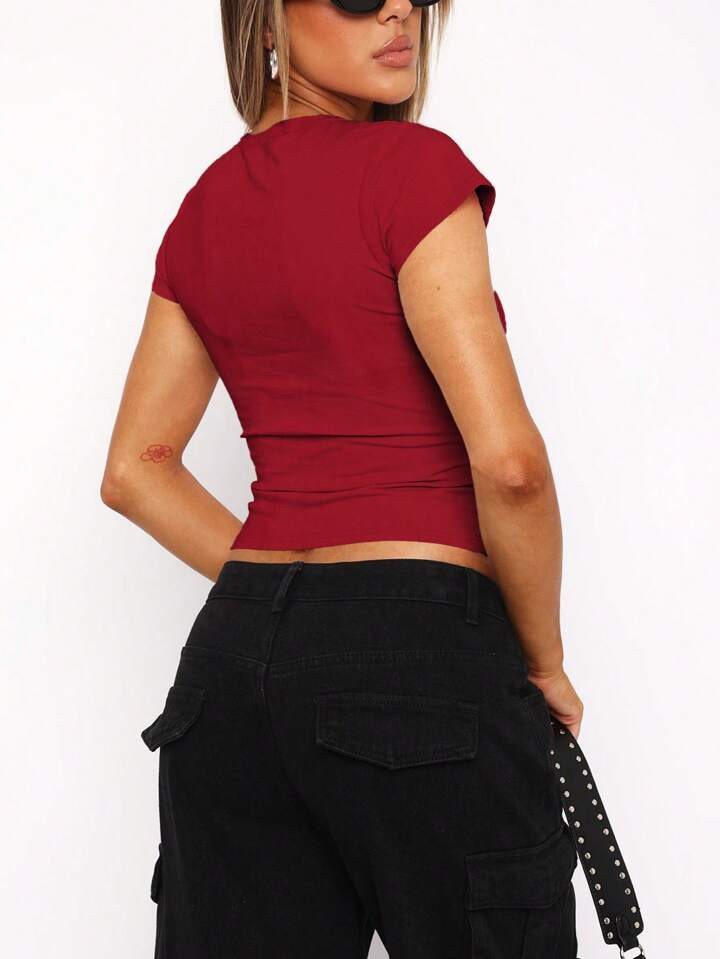 SHEIN Essnce Women Summer Solid Color Crew Neck Short Sleeve Casual T-Shirt | SHEIN USA | SHEIN
