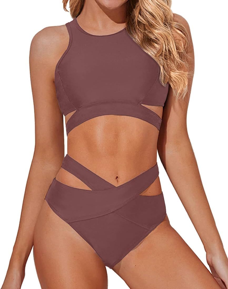 Tempt Me Women Two Piece High Neck Bikini Set Cutout Swimsuit Criss Cross Bandage Bathing Suit wi... | Amazon (US)