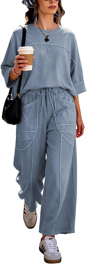 Women Summer 2 Piece Lounge Sets Oversized Sweatshirt Wide Leg Pants | Relaxed Fit Matching Sweat... | Amazon (US)
