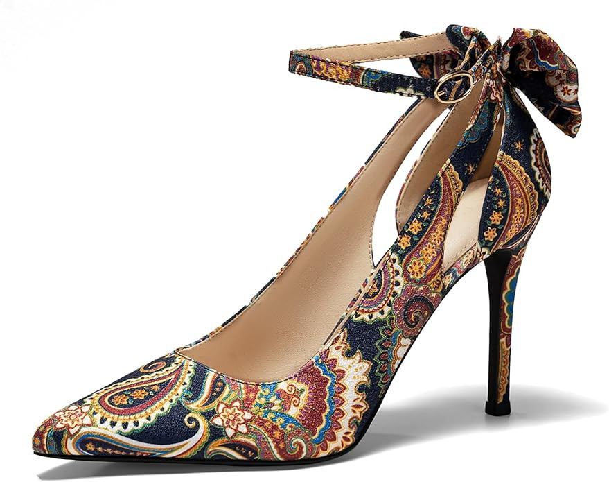 Women's Pointed Toe High Heels Ankle Strap Bow Tie Pumps Wedding Party Dress Shoes | Amazon (US)