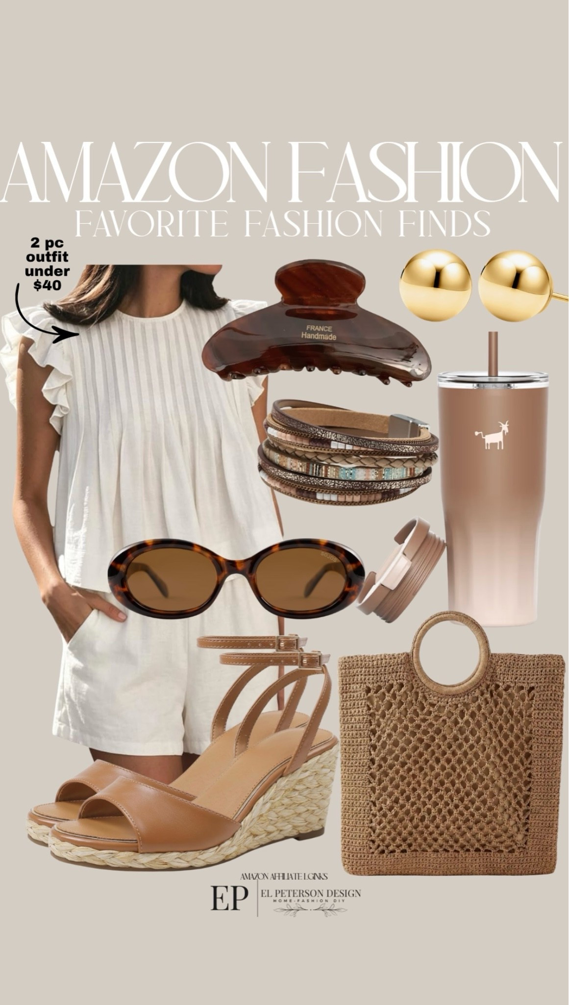 Amazon
2 pc outfit
Claw clip
Bracelet
Purse
Sandals
Earrings
Tumbler