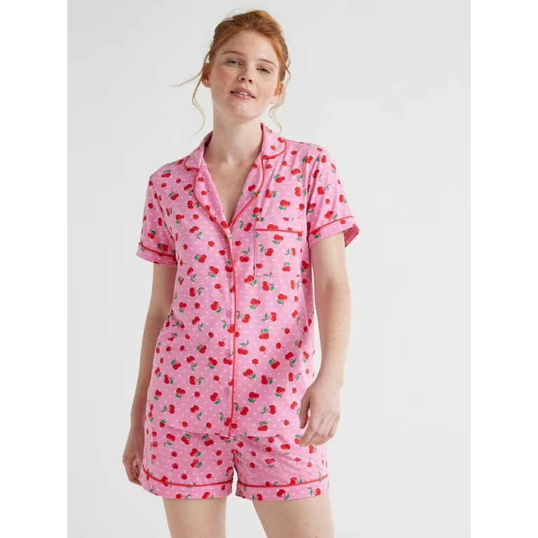 Joyspun Women’s Short Sleeve Notch Collar Top and Shorts Knit Pajama Set, 2-Piece, Sizes S to 3... | Walmart (US)