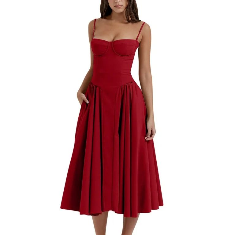 Paaisye Spring Midi Dresses for Women Summer Boho Sundress Spaghetti Strap Lace Up Sleeveless Dre... | Walmart (US)