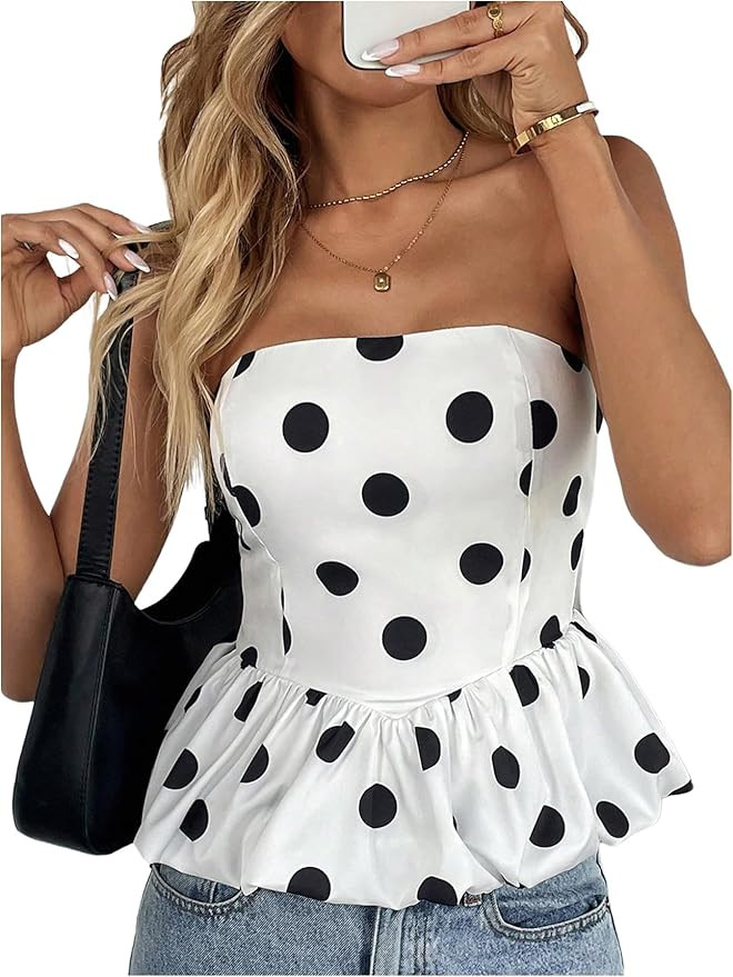 Milumia Women's Polka Dots Peplum Tube Top Strapless Puffy Bubble Flared Hem Tops | Amazon (US)