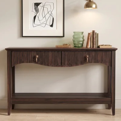 Avenall 47.2"  Vintage Curved Fluted Console Table with 2 Drawers and Bottom Shelf, Narrow Wood Entryway Table with Antique Metal Pulls for Foyer and | Wayfair North America