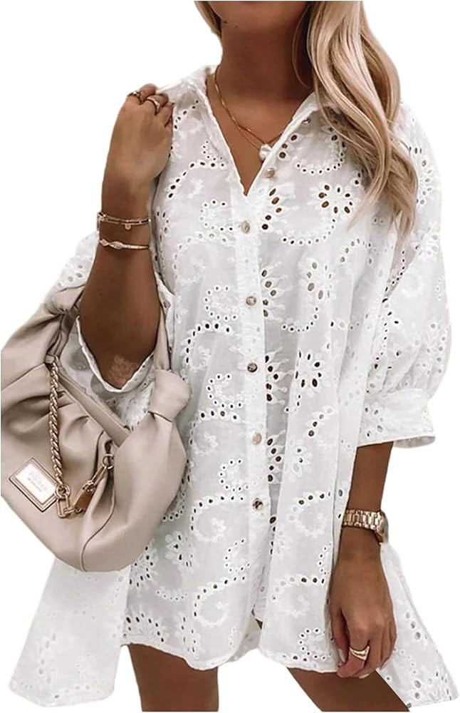 GORGLITTER Women's Floral Eyelet Embroidery Button Up Shirt Puff Long Sleeve Blouses Trendy 2025 | Amazon (US)