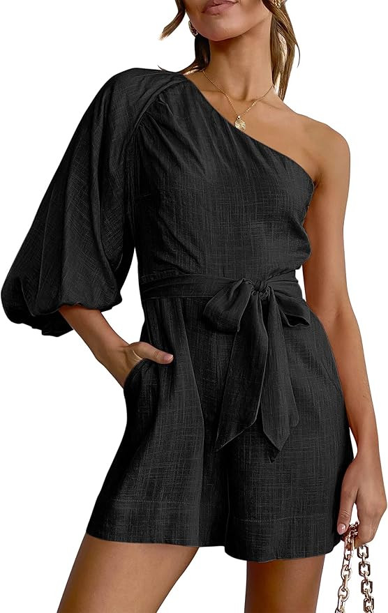 ANRABESS Women's Summer Casual One Shoulder 3/4 Puff Sleeve Tie Waist Short Jumpsuit Romper Outfi... | Amazon (US)