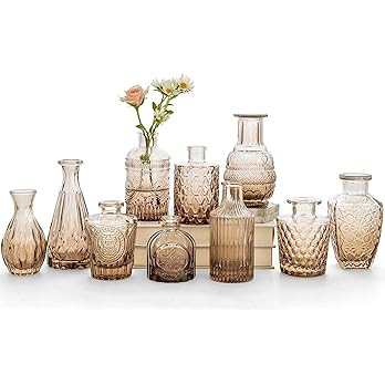 Amber Glass Bud Vase Set of 10 - Small Vases for Flowers, in Bulk, Cute Centerpieces, Mini Vintag... | Amazon (US)
