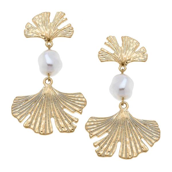 Vivy Ginkgo & Pearl Statement Earrings in Worn Gold | CANVAS