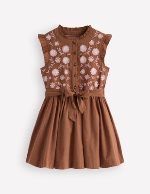 Boden Girls Ruffle Shirt Dress in Brown | Size 10-11 Years | Boden (US)