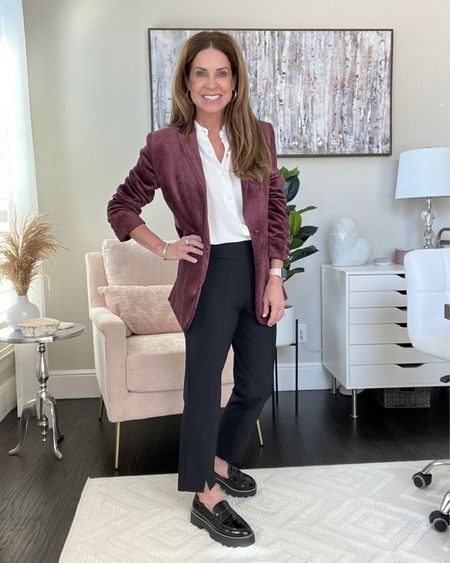 Layering season has finally hit for most of us, so I thought I’d share a few of my favorite toppers from the cabi Fall collection.

I will start by saying that the Keynote Trousers have become my go-to pants lately. They’re made of the most comfortable wrinkle free material. I had mine hemmed to fit my 5’2” height. I wear them with loafers, heels or sneakers. I’m wearing size 0.

The simple, but classic white Poetry Top is the perfect layering piece that every wardrobe needs. Wearing size Small.

But the real heroes are the fantastic toppers. I’m wearing the gorgeous Williams Jacket which is a mulberry color velvet blazer, the Coronation Cardigan in bright red (we all know that red is trending this season) and the Team Jacket which is a velour corduroy black bomber style jacket. I wear size XS in all three.

#cabicute #falloutfit #workoutfit 

#LTKover40 #LTKstyletip #LTKSeasonal