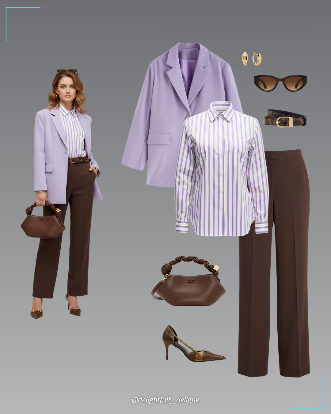Lilac Luxe 💜🤎Lilac satin & white stripe top, brown stretch crepe classic trousers, lilac flap-pocket blazer, brown mini bou bag, snakeskin-printed buckle pumps, sunglasses, leather snake-effect belt & large hoop earrings. 

 #LTKgrwm #LTKootd #LTKOver40