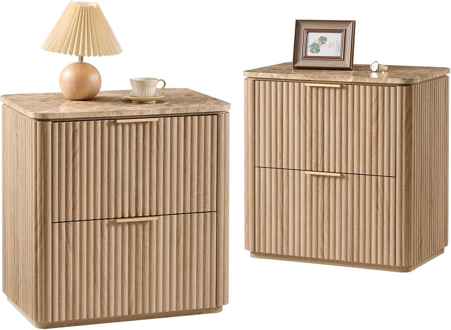 Fluted Nightstand Set of 2, Bedside Table with 2 Drawers, Engineered Wood End Table with Faux Mar... | Amazon (US)
