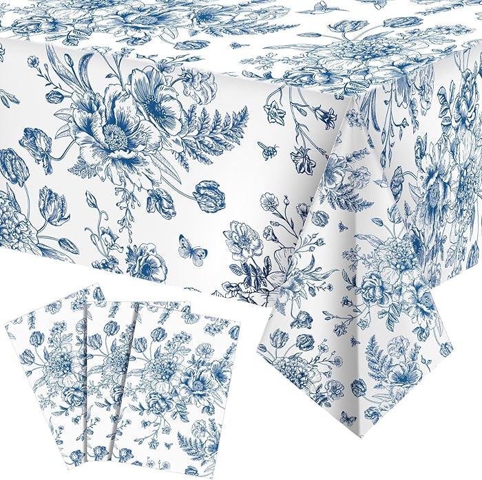 Tiamon 3 Pcs Blue Floral Plastic Tablecloth 54 x 108 Inch Vintage Rectangle Table Cover Disposabl... | Amazon (US)