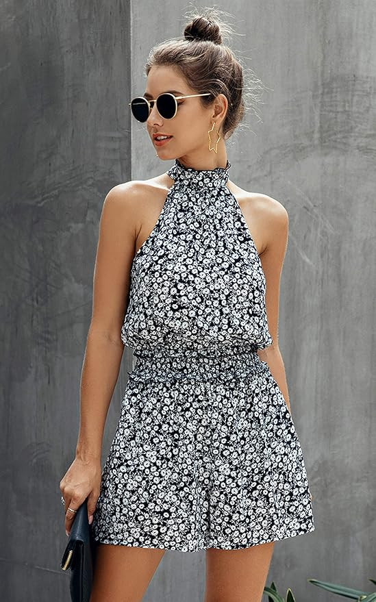 Angashion Women's Rompers - Summer Floral Ruffle Halter Neck Sleeveless Elastic Waist Romper Shor... | Amazon (US)