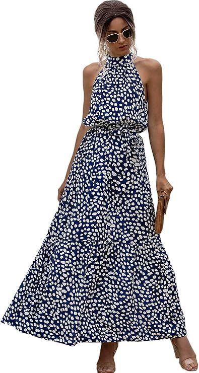 Floerns Women's Sleeveless Halter Neck Vintage Floral Print Maxi Dress Blue White L at Amazon Wom... | Amazon (US)