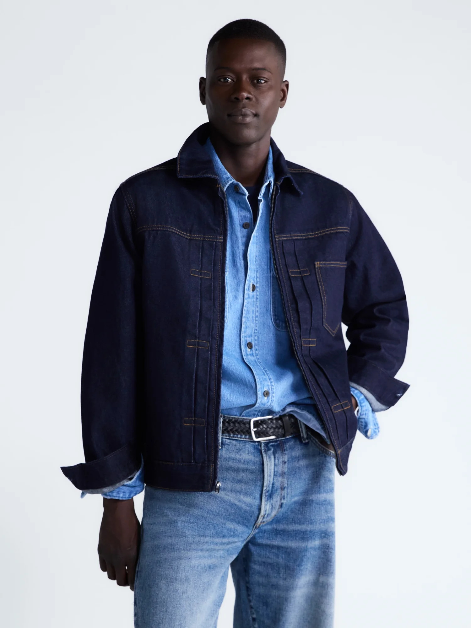 Free Assembly Men’s Pleated Zip Front Denim Jacket, Sizes XS-3XL | Walmart (US)