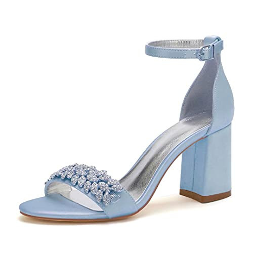 YWXYMGE Block Heel Wedding Sandals Shoes for Bride Open Toe Crystals Formal Party Heels Sandal-Light Blue-9.5 | Amazon (US)