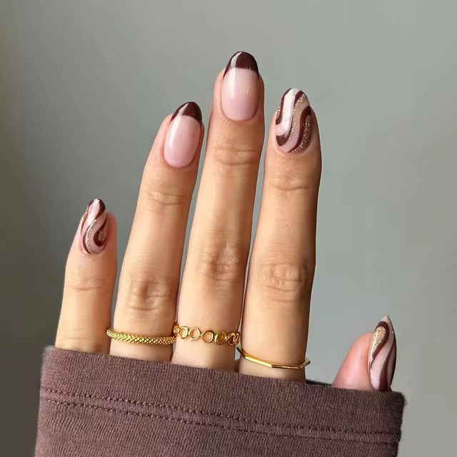 Round Press on Nails Medium Fake Nails Brown Glossy Glue on Nails Glitter Acrylic Nails Oval Stic... | AliExpress (US)