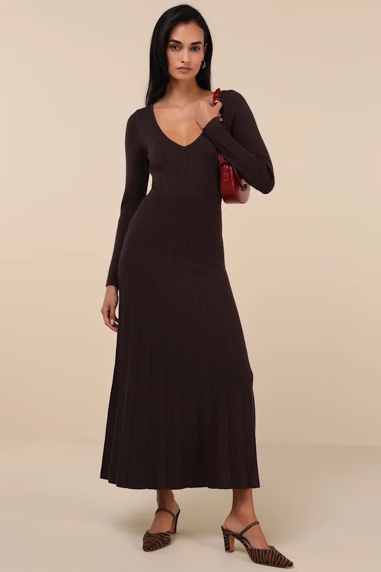 Snuggly Precision Brown Pleated Sweater Midi Dress | Lulus