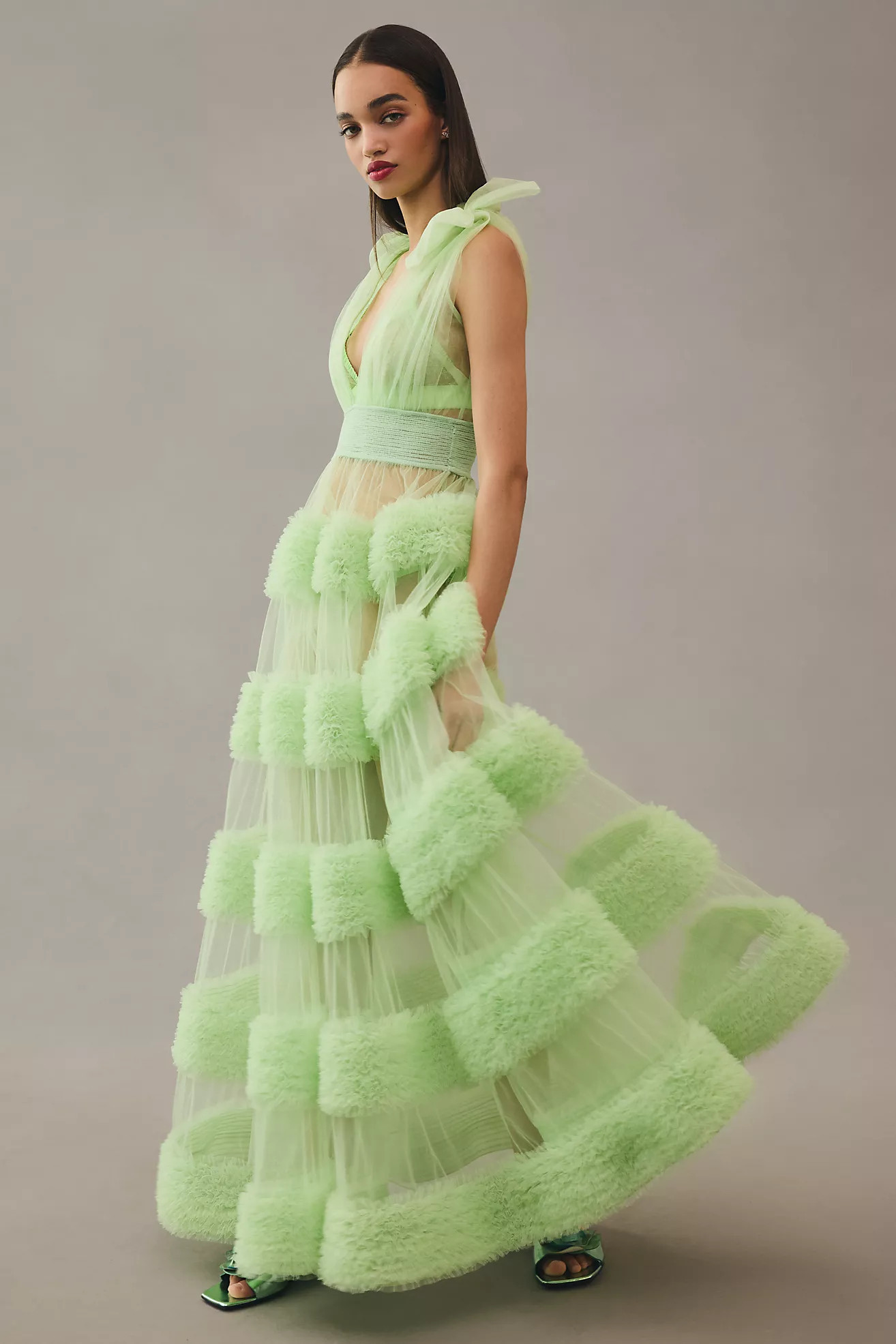 Kavita Bhartia Deep-V Sheer Tiered Tulle Dress | Anthropologie (US)
