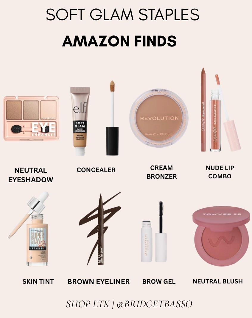Amazon soft glam staples to add to your Prime Day list 🤎 An easy everyday makeup routine with skin tint, concealer, cream bronzer, neutral blush, brow gel, brown eyeliner, neutral eyeshadow and a nude lip combo.