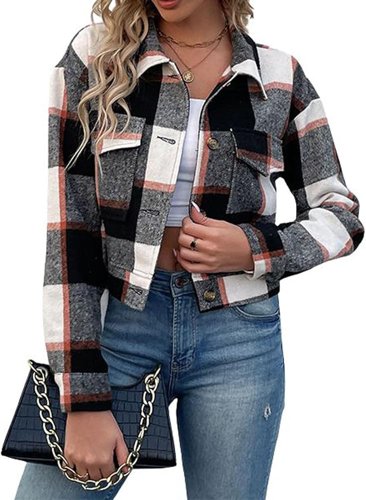 utcoco Womens Cropped Plaid Shacket Jacket Button Down Long Sleeve Flannel Shirts 2024 Fall Coat ... | Amazon (US)