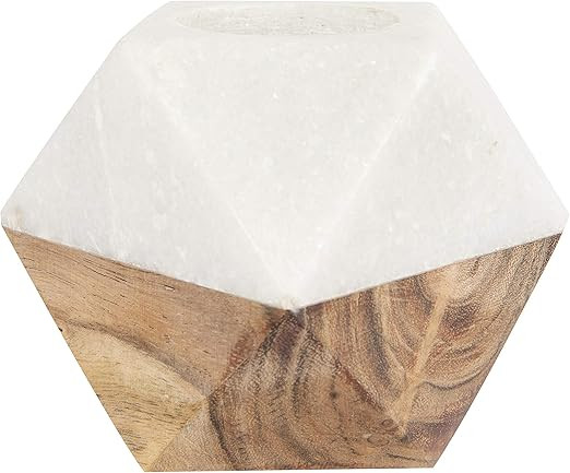 Creative Co-op White Marble & Brown Wood Tealight Candle Pillar Holder, Brown | Amazon (US)