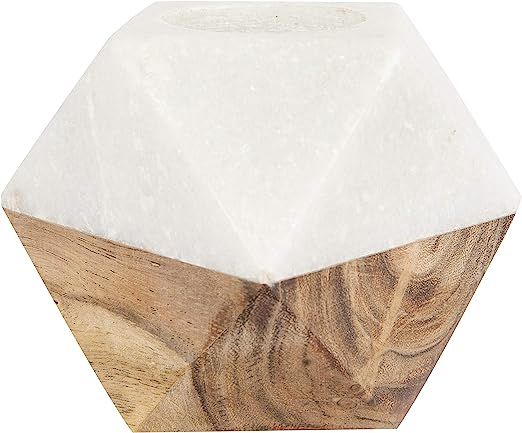 Creative Co-op White Marble & Brown Wood Tealight Candle Pillar Holder, Brown | Amazon (US)